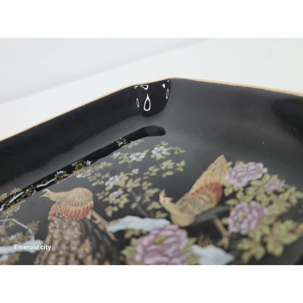 Vtg OMC Japan Peacock Square Porcelain Oriental Tray Candy Dish Black 24kt Inlay